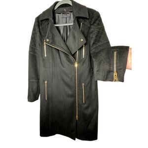 Gucci Black Wool Cashmere Sueded Gold Zip Long Line Trench Coat Jacket 44